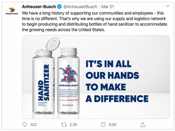 twitter post of Anheuser-Busch using their resources to make hand sanitizer. 