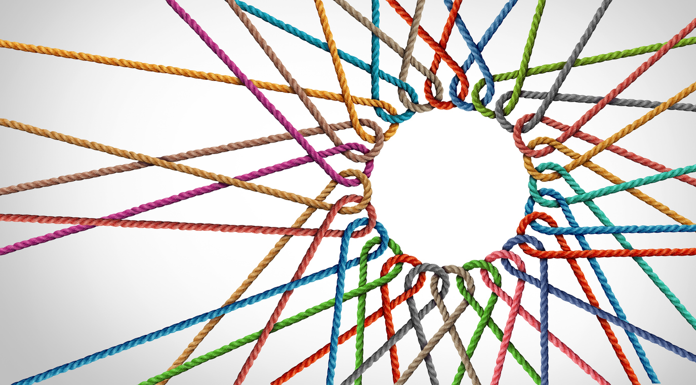 Ropes shaped as a circle in a group of diverse strings connected together representing important brand health metrics.