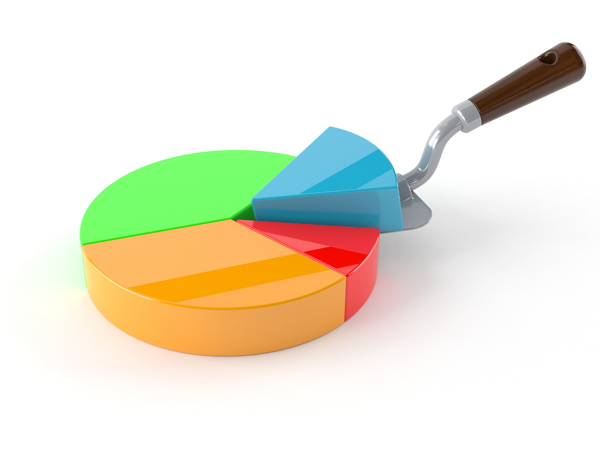 3D render of pie graph and spatula representing concept of market share.