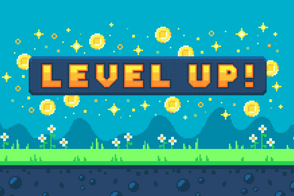 a pixelated level up notification screen symbolizing future trends in AI systems, showcasing advancements in technology and innovation