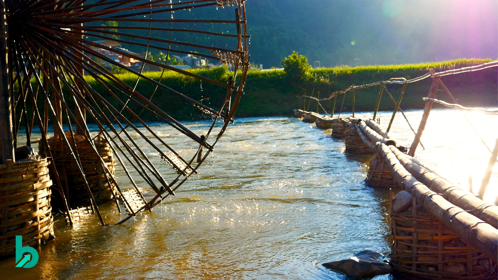 A waterwheel turning in a flowing river, representing the continuous stream of consumer data powering modern brand insights.