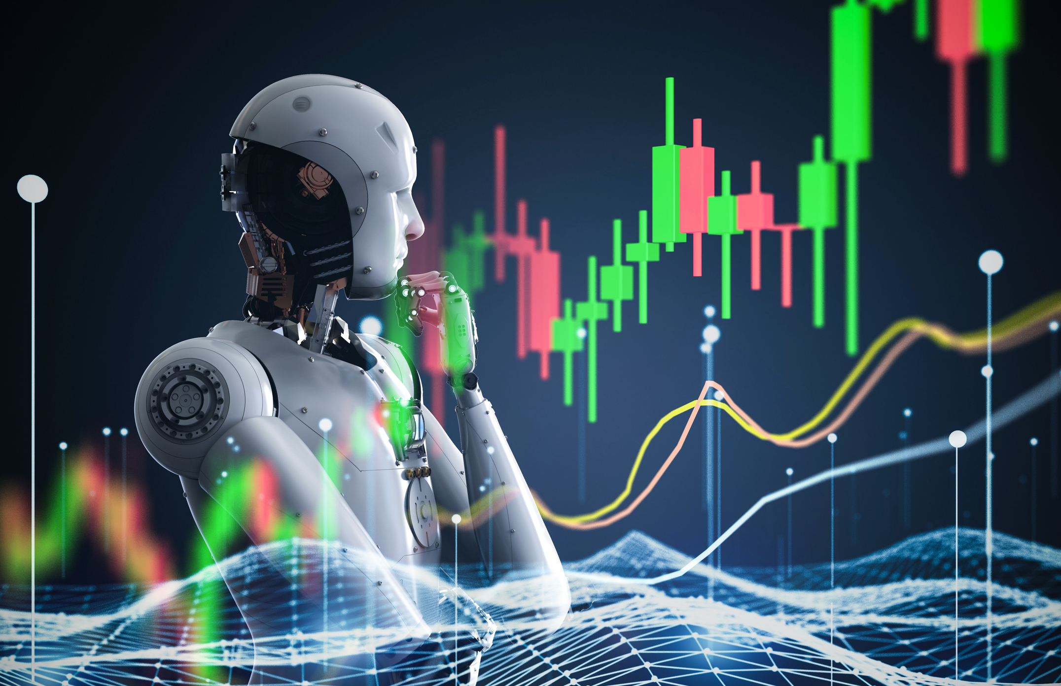 AI-powered robot analyzing financial market data, trends, and digital analytics, representing artificial intelligence adoption among financial advisors and financial services professionals