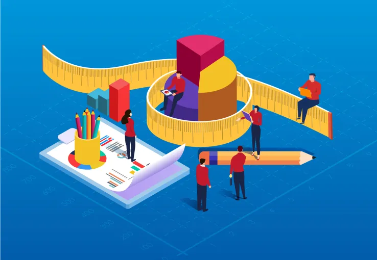 Illustration of oversized measuring tape and pencil to show market researchers that they should be measuring customer feedback when planning experiences.