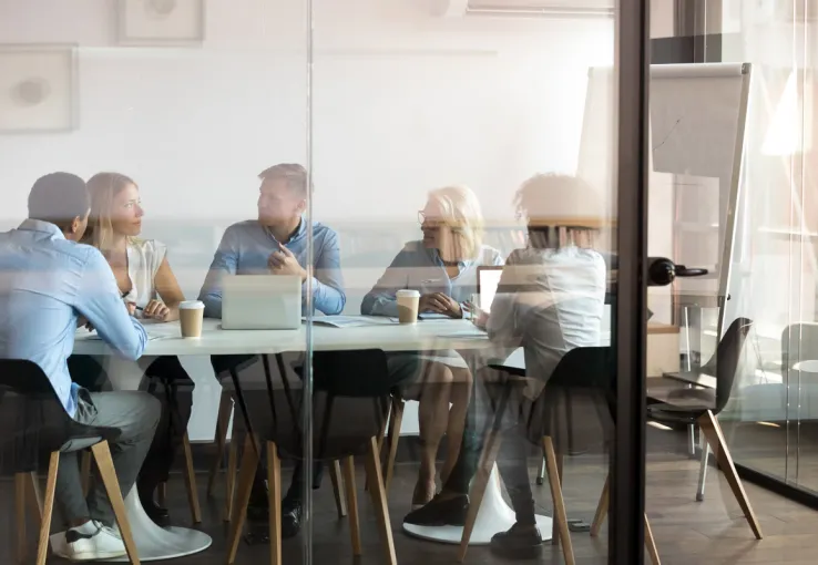 Team of market researchers collaborating with their project stakeholders in a conference room.