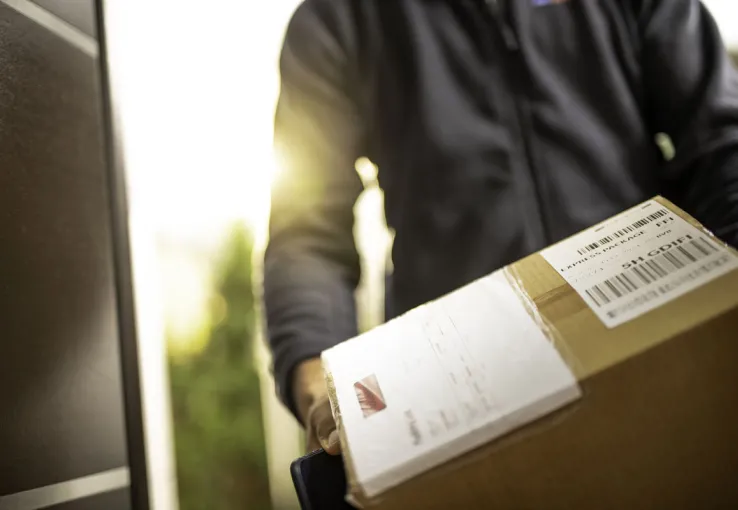 person delivering package at a door