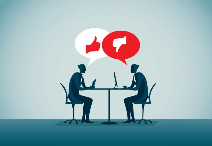 Illustration of two people talking at a table, taking surveys