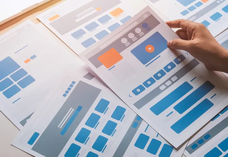 A hand holding up blue, orange, and gray wireframes of a website for usability testing.