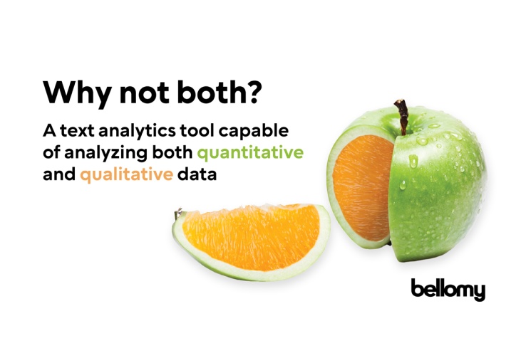 Bellomy AI Text Analytics interface demonstrating qualitative and quantitative data integration.